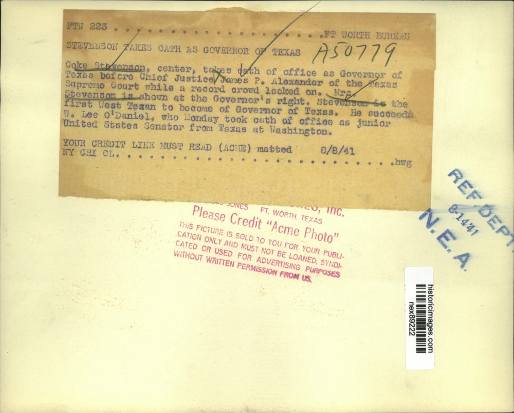 1941 Press Photo Takes Oath of Office as Governor of Texas Coke Stevenson