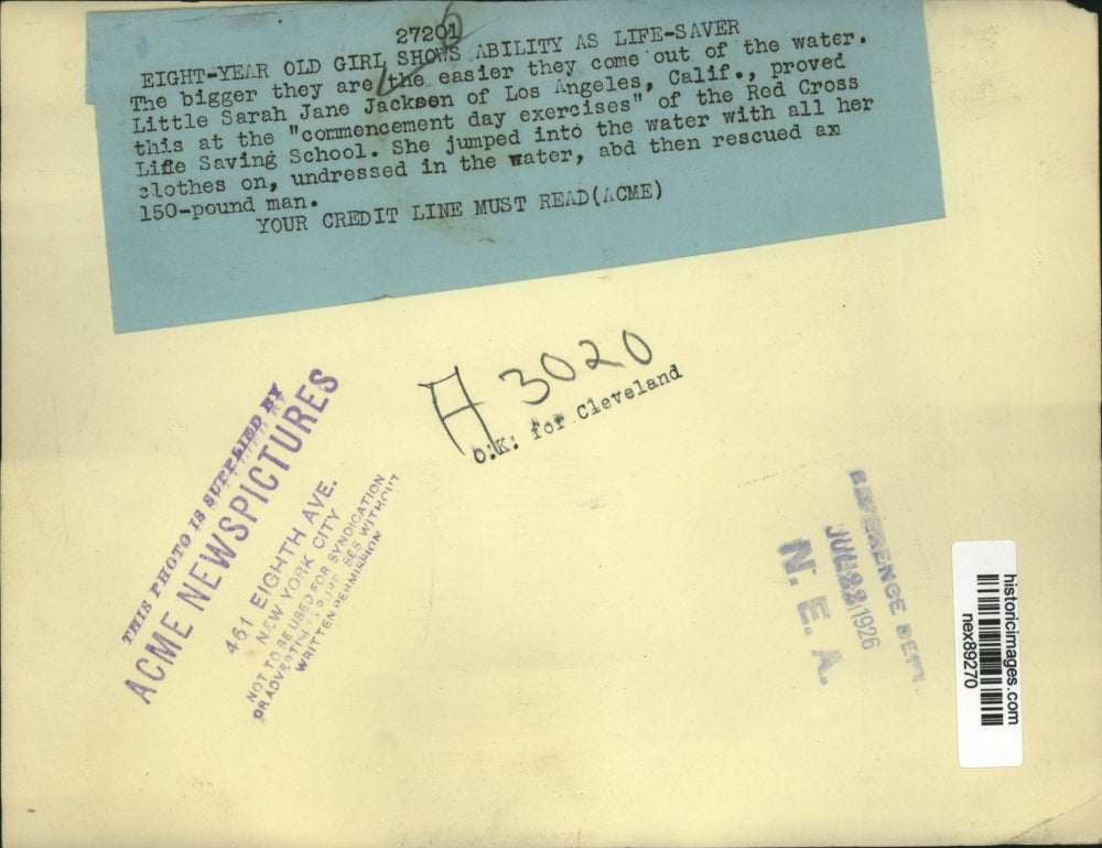 1926 Press Photo Sarah Jane Jackson Red Cross Lief Saving School Exam