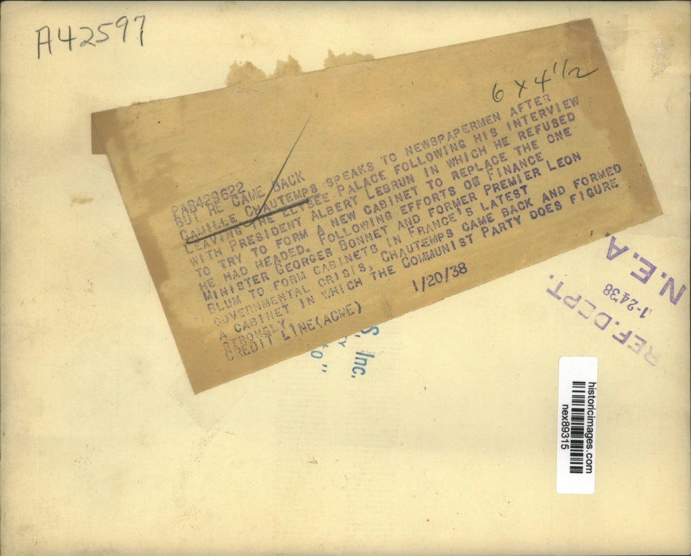 1938 Press Photo Camille Chautemps Leaves Interview with President Albert Lebrun