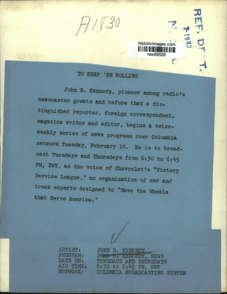 1943 Press Photo John B Kennedy Pioneer Among Radio's Newscaster & Reporter