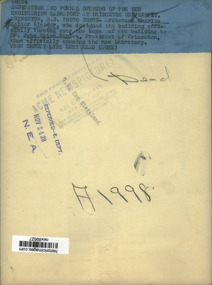 1928 Press Photo Engineering Lab at Princeton Charles Z Klauder Dr John Hibbon