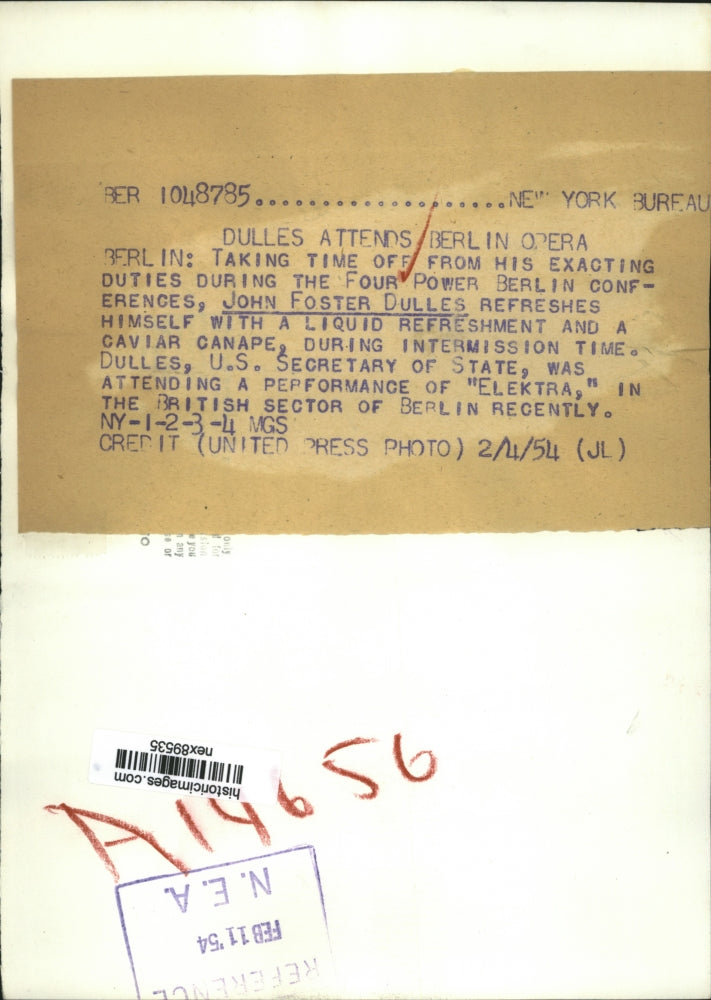 1954 Press Photo US Secretary of State John Foster Dulles at Elektra Performance