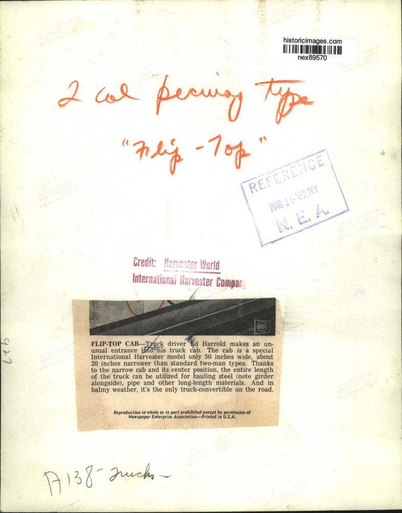 1962 Press Photo Truck Driver Ed Harrold Comes Out Door On Top Of Cab of Truck