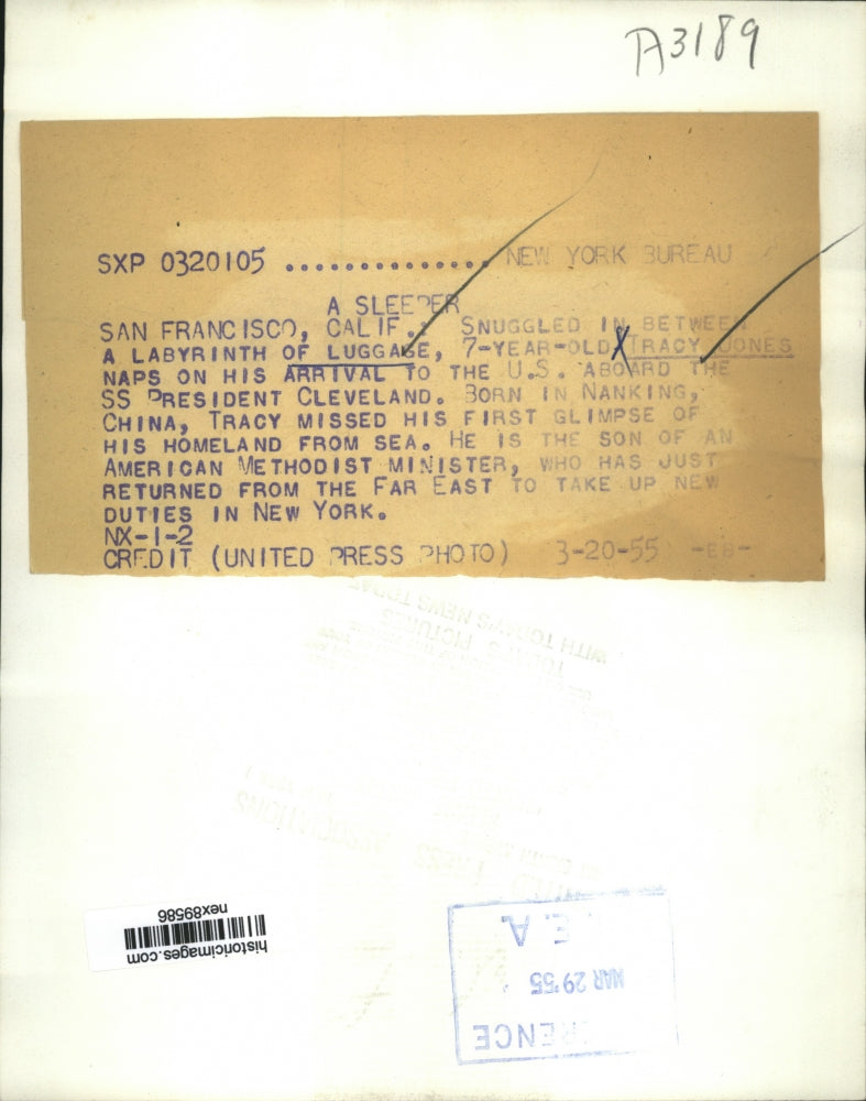 1955 Press Photo Tracy Jones Naps Among Luggage Aboard SS President Cleveland