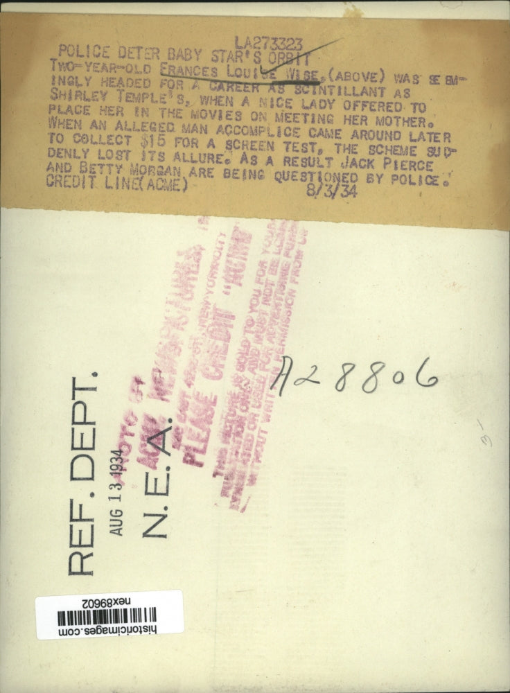 1934 Press Photo Frances Louise Wise Age 2 Wanted $15 From Mother To Make A Star