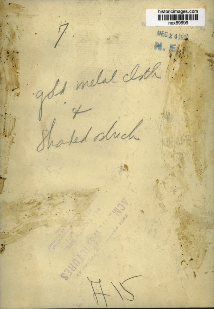 1927 Press Photo Gold Metallic Cloth Wrap with Boa Style Shaded Ostrich Collar