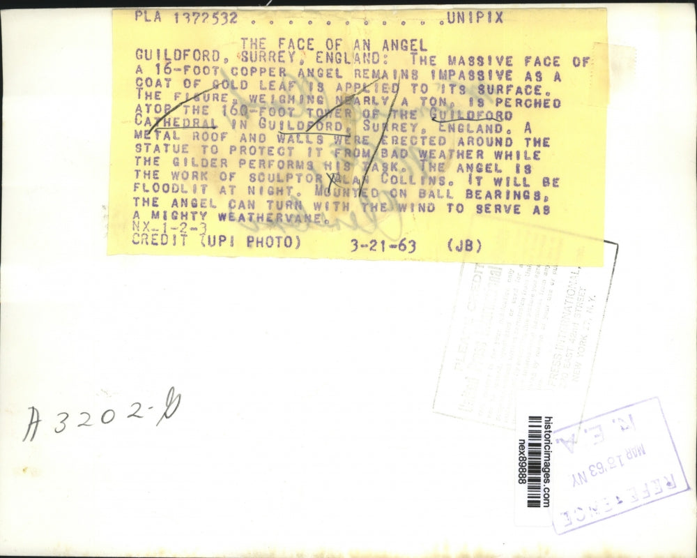 1963 Press Photo 16 Ft Copper Angel Weighing A Ton To Perch Guildford Cathedral