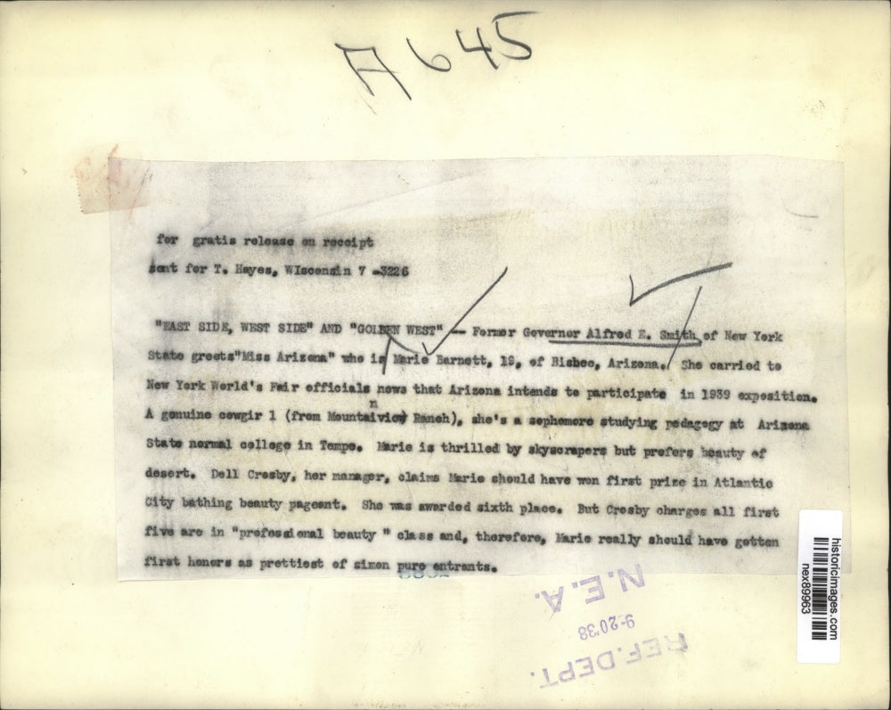 1938 Press Photo Former Governor of New York Al Smith & Marie Barnett of Arizona