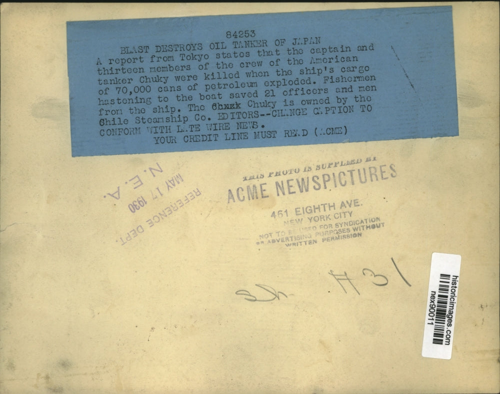 1930 Press Photo American Tanker Chuky Sank Fishermen Rescues Some Crew Members