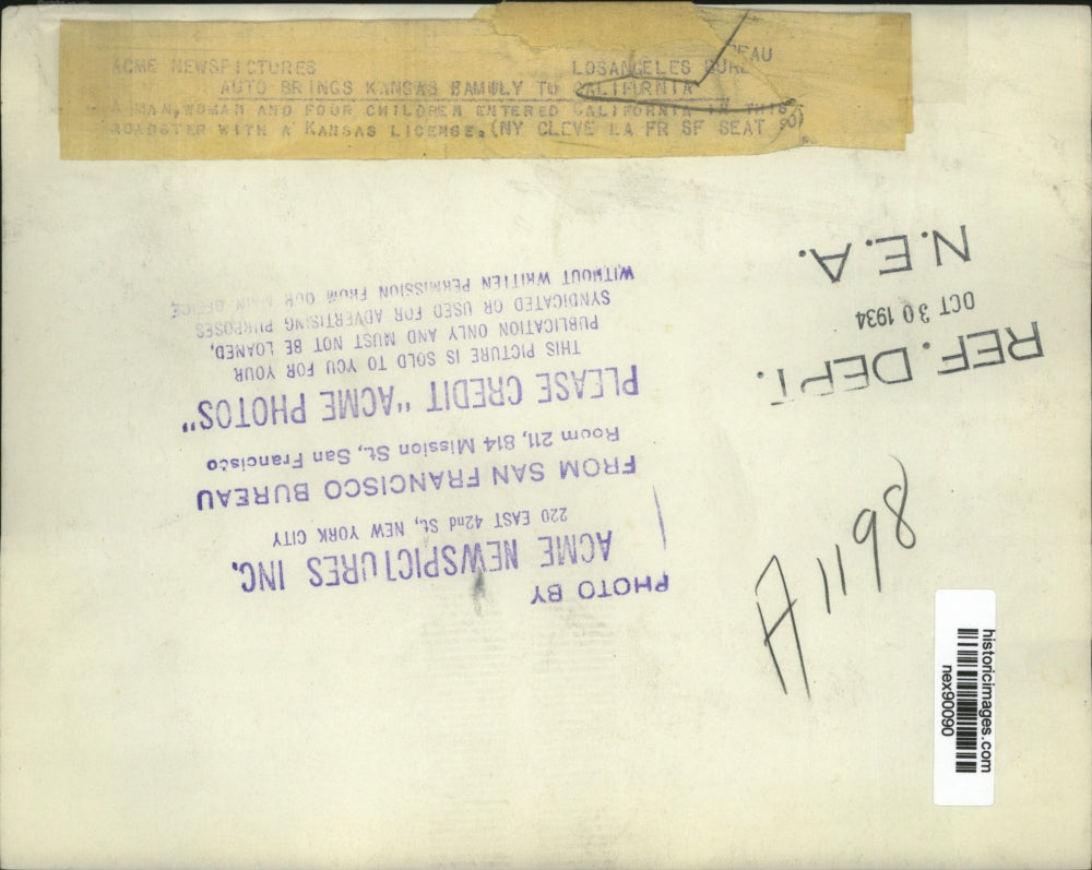 1934 Press Photo Family of 6 Arrives in California from Kansas in Roadster