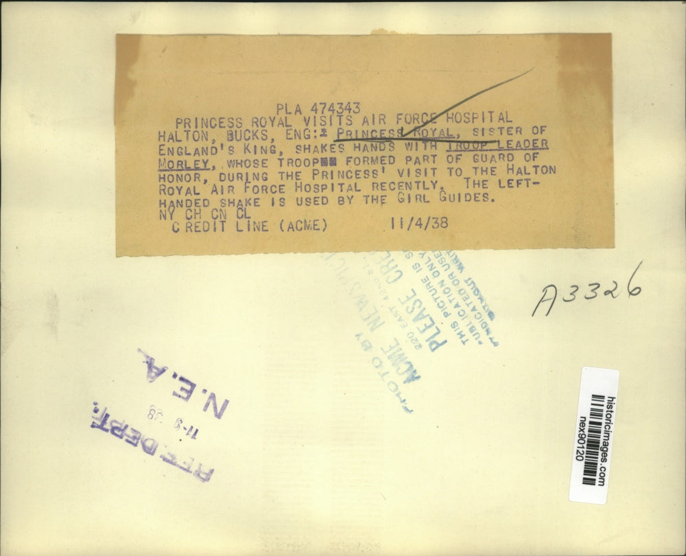 1938 Press Photo Princess Royal Shakes Hands with Troop Leader Morley in England