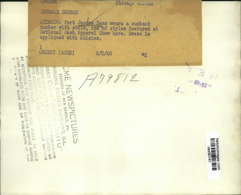 1949 Press Photo Pert Jeanne Haas in Sunback Number National Wash Apparel Show