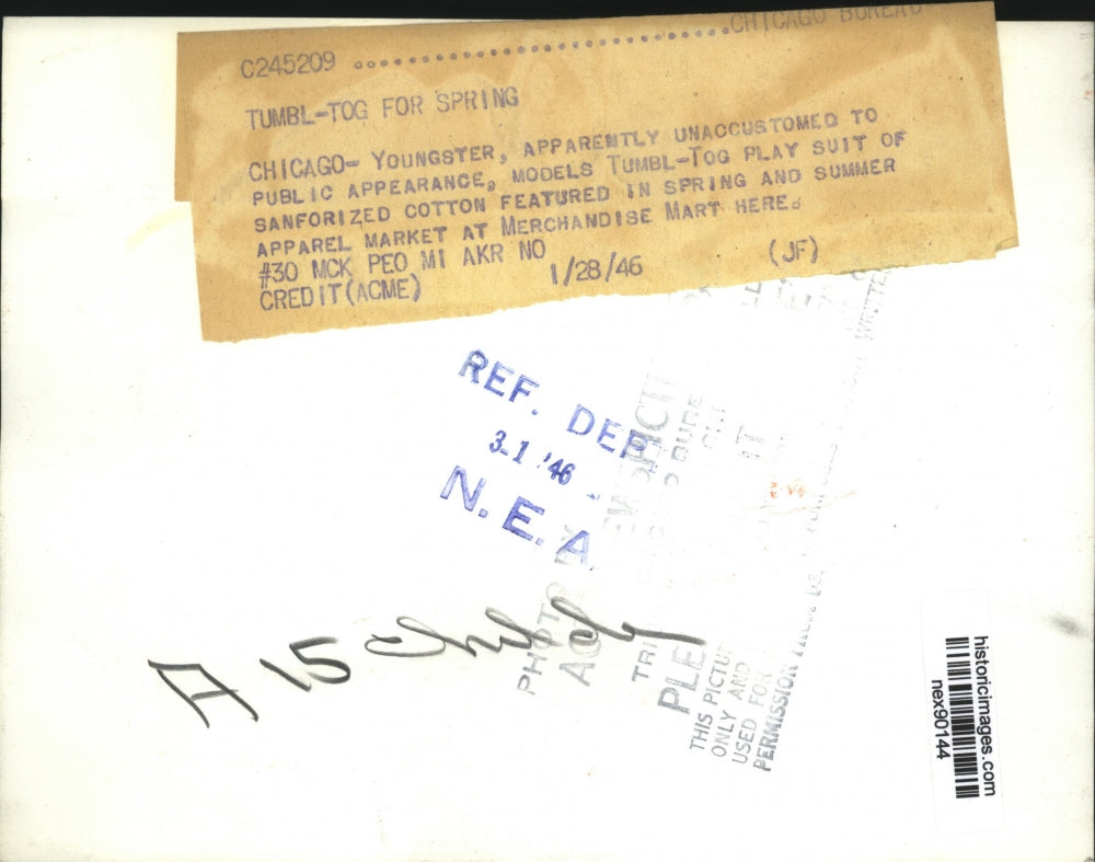 1946 Press Photo Baby Modeling Tumbl-Tog Play Suit of Sanforized Cotton Unhappy