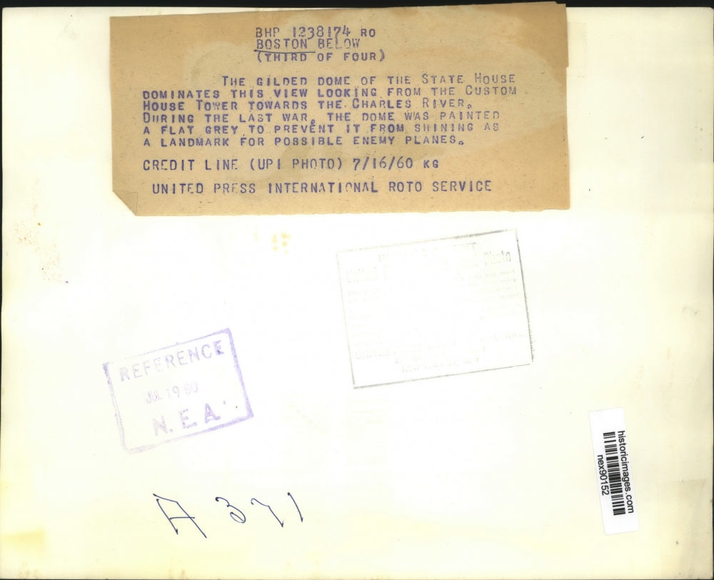 1960 Press Photo Dome of State House View From Custom House Tower Charles River