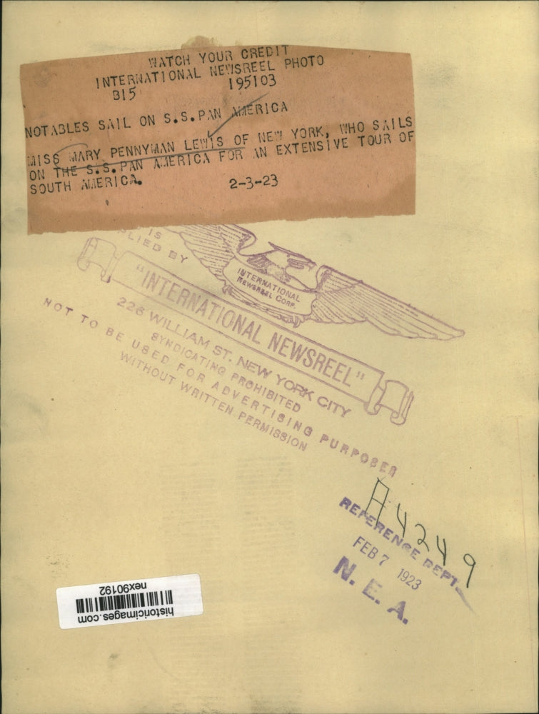 1933 Press Photo Mary Pennyman Lewis of NY Sailing on SS Pan America - nex90192