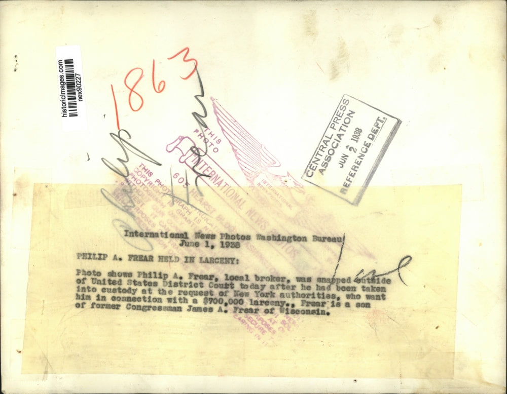 1938 Press Photo Philip A Frear at US District Court Charged $700000 Larceny