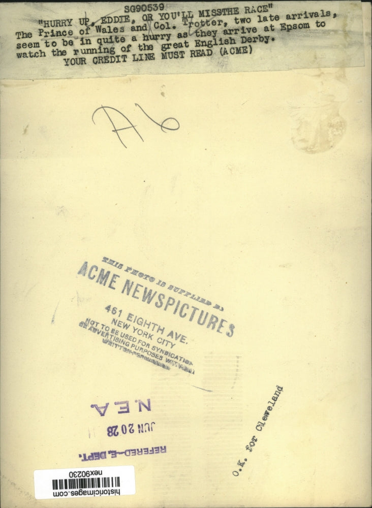 1928 Press Photo Prince of Wales & Colonel Trotter Arrving English Derby