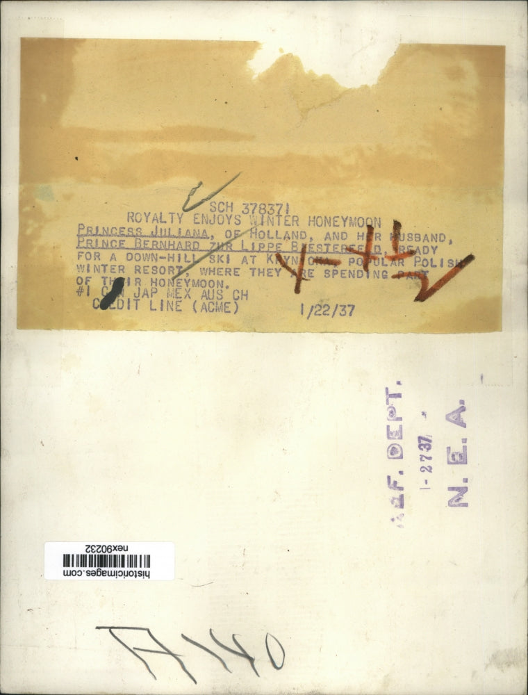 1937 Press Photo Princess Juliana of Holland & Her Husband Prince Bernhard