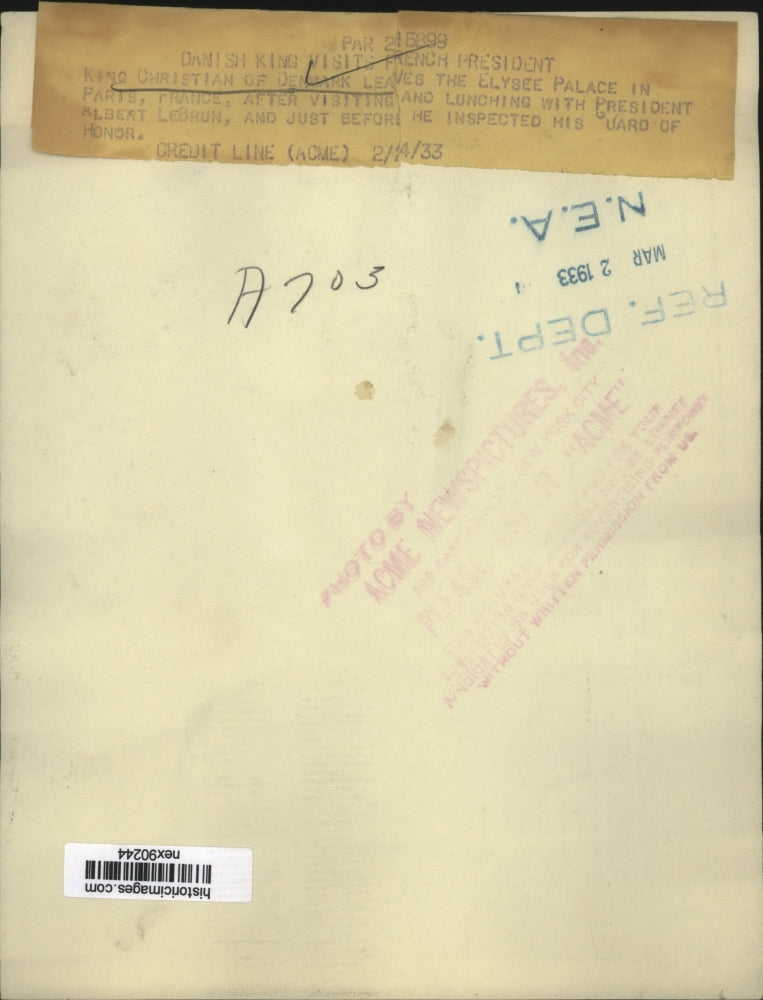 1933 Press Photo King Christian of Denmark Leaving Elysse Palace in Paris