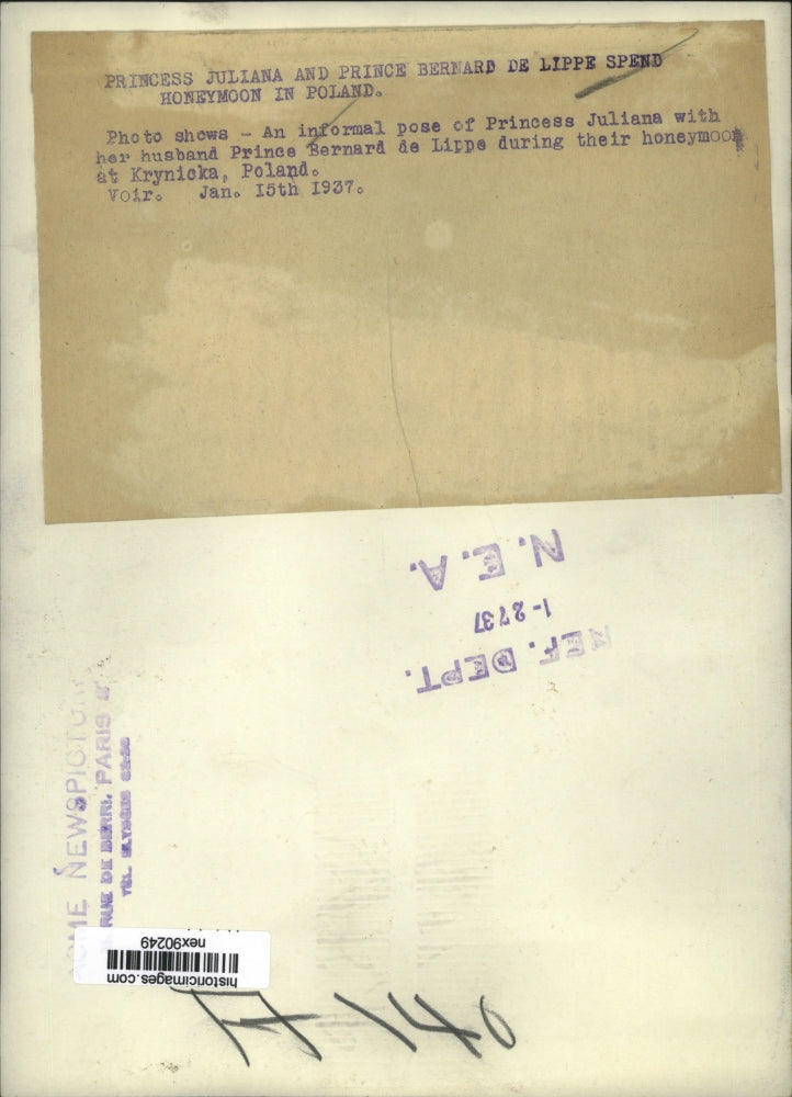 1937 Press Photo Princess Juliana & Husband Price Bernard de Lippe on Honeymoon