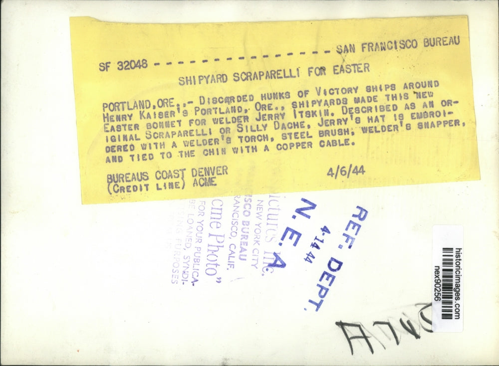 1944 Press Photo Easter Bonnet for Welder Jerry Itskin with Welders Tools