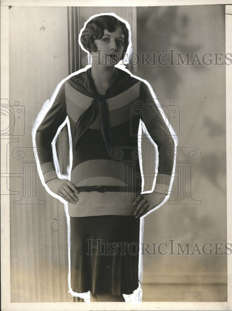 1928 Press Photo Broad Sweeping Stripe Design Jersey Dress with Tie Collar