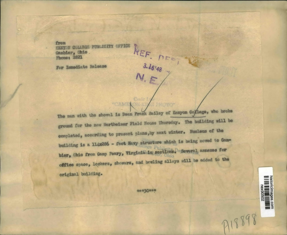 1948 Press Photo Dean Frank Bailey Breaking Ground at Kenyon College