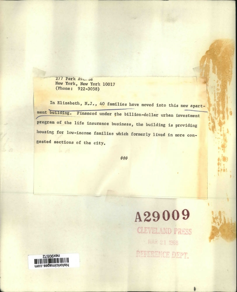 1968 Press Photo Low Income Apartment Building in Elizabeth New Jersey