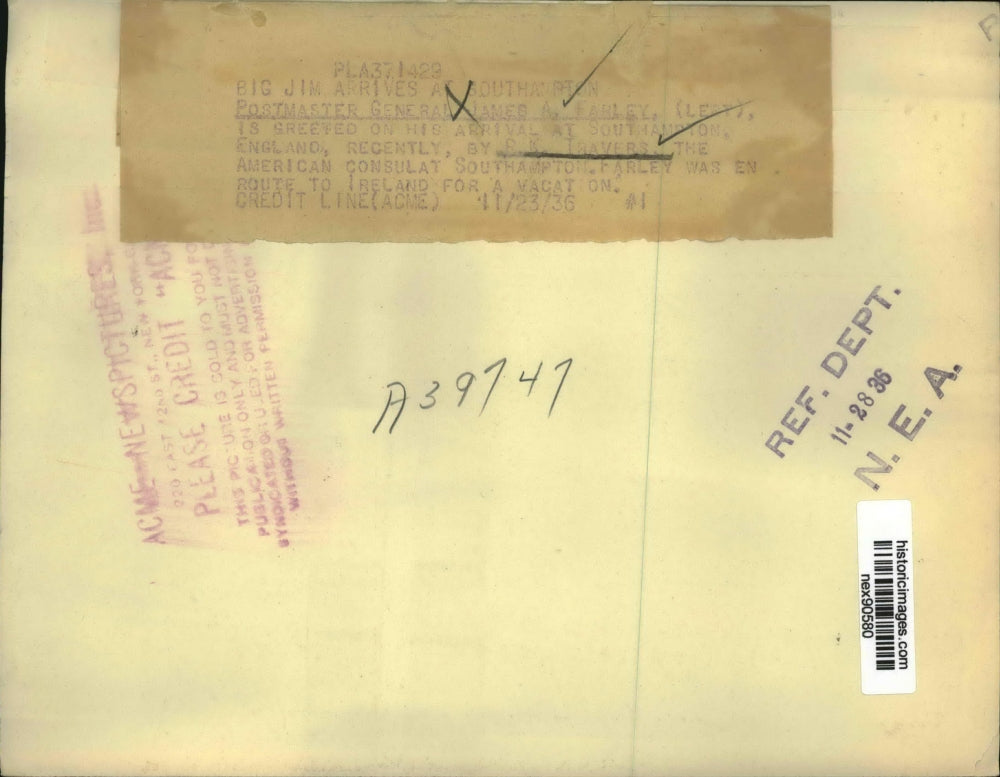 1936 Press Photo Postmaster General James A Farley R K Travers at Southampton