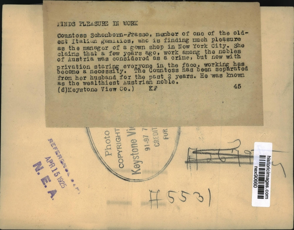 1925 Press Photo Countess Sohonborn Frasso of Oldest Italian Gamilios