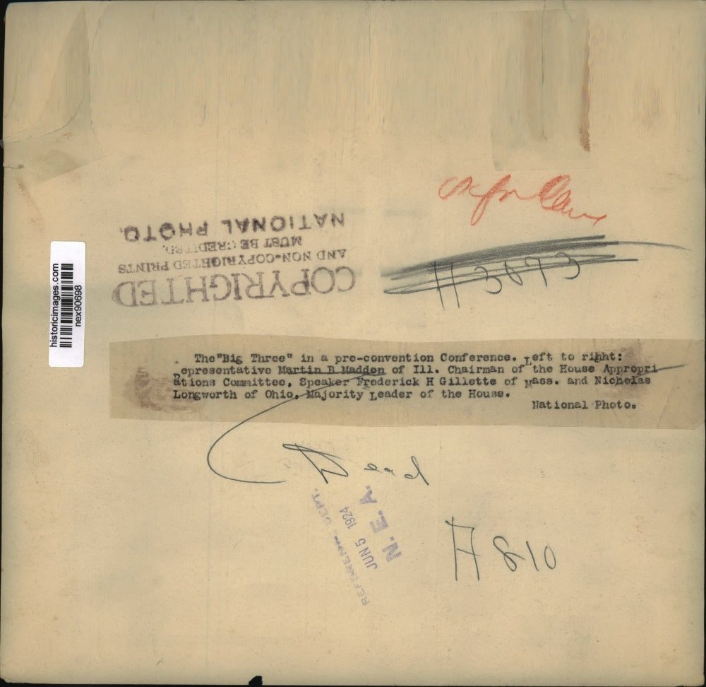 1924 Press Photo Rep Martin Madden, Speaker Gillette & Maj Leader Longworth