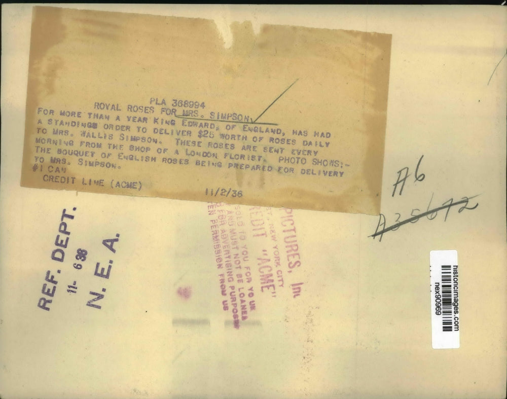 1936 Press Photo King Edward of England Sends $25 Worth of Roses to Mrs Simpson