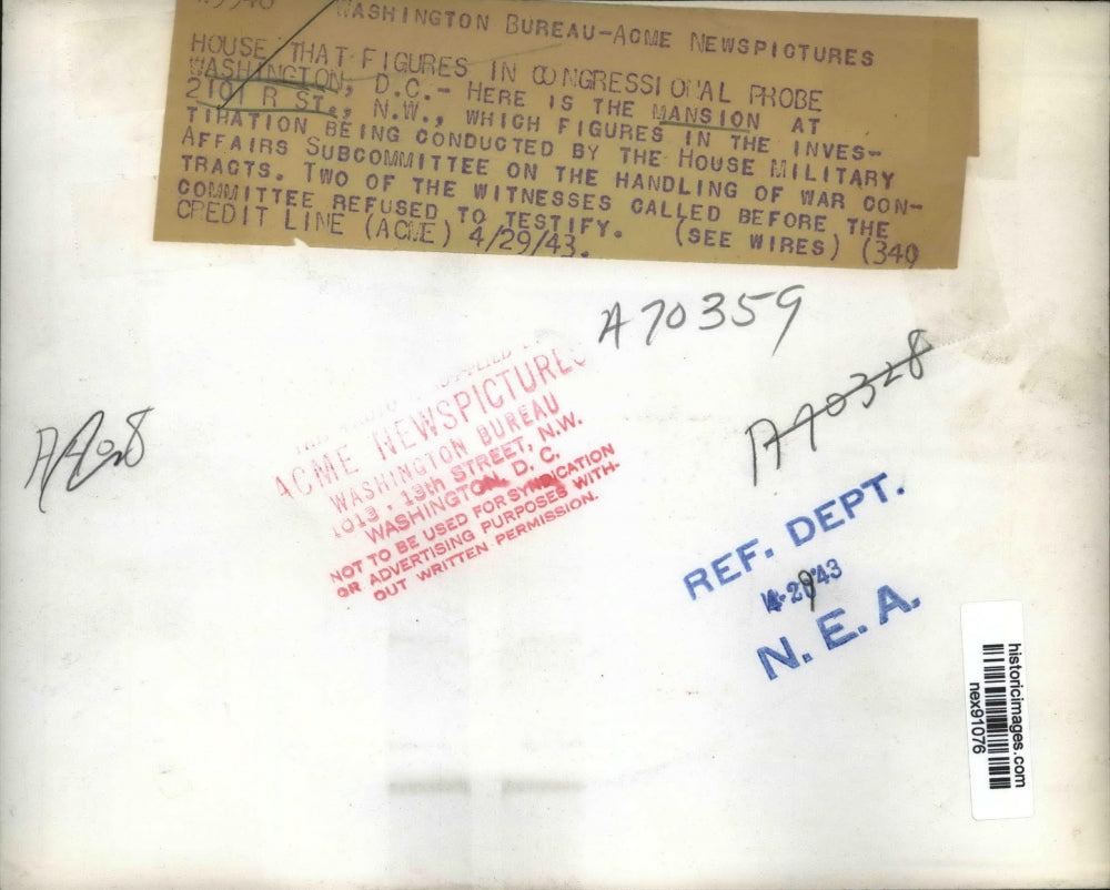 1943 Press Photo Mansion R 2101 R Street House Military Affairs Subcommittee