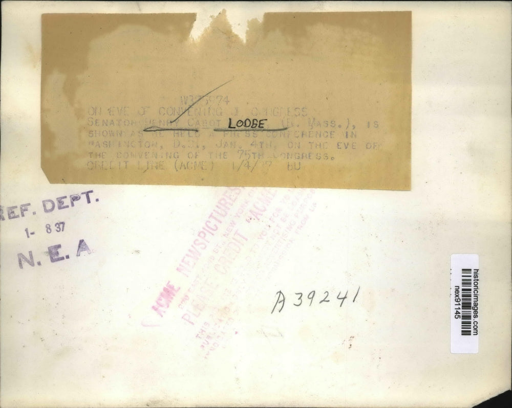 1937 Press Photo Senator Henry Cabot Lodge at Press Conference