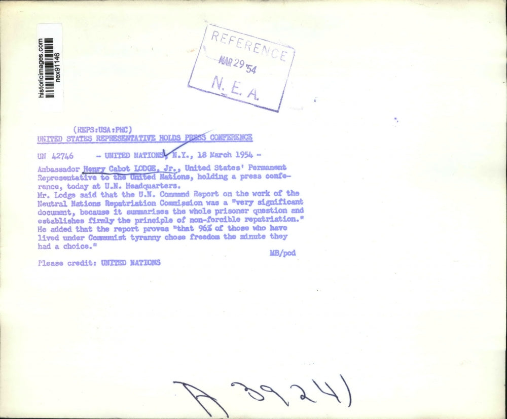 1954 Press Photo Ambassador to UN Henry Cabot Lodge Jr Holds Press Conference