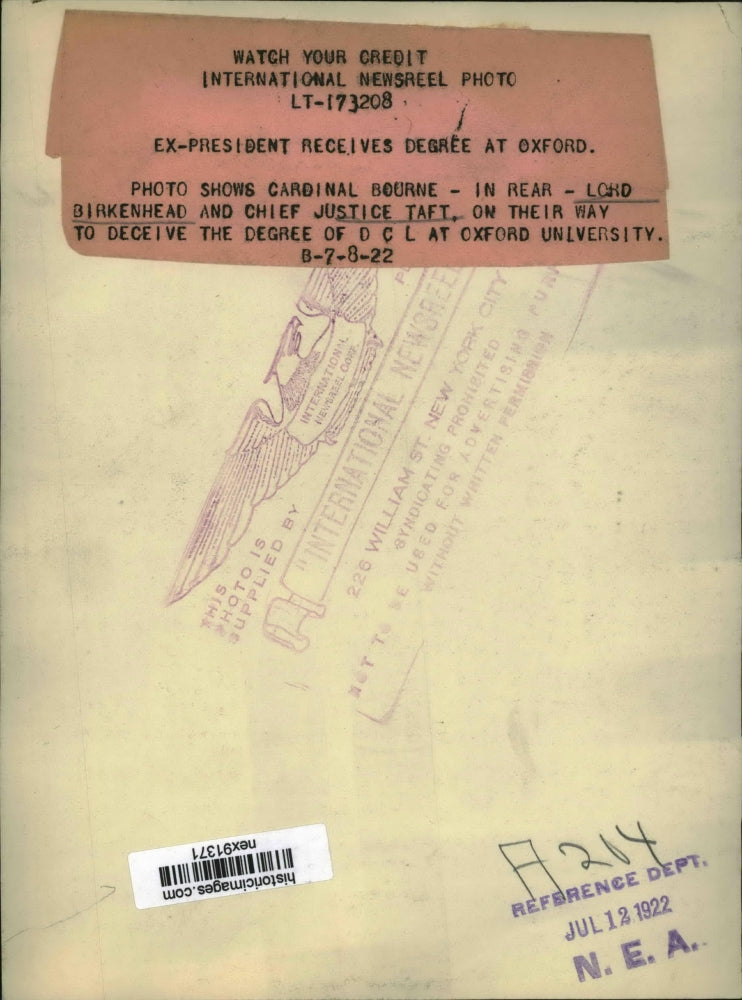 1922 Press Photo Cardinal Bourne & Chief Justice Howard Taft Receive Oxford Degr