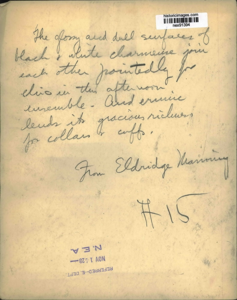 1928 Press Photo Black and White Charmeuse Suit Ermine Collar Eldridge Manning