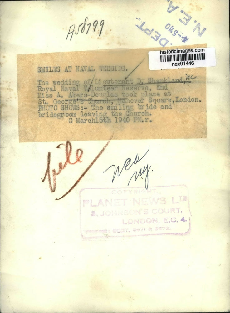 1940 Press Photo Lt D Shankland & Miss A Akers-Douglas Wed St Georges Church