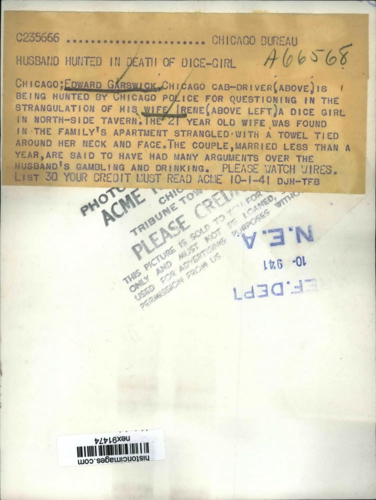 1941 Press Photo Edward Garswick Chicago Cab Driver Wanted in Death of Wife