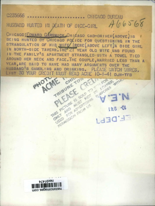 1941 Press Photo Edward Garswick Chicago Cab Driver Wanted in Death of Wife