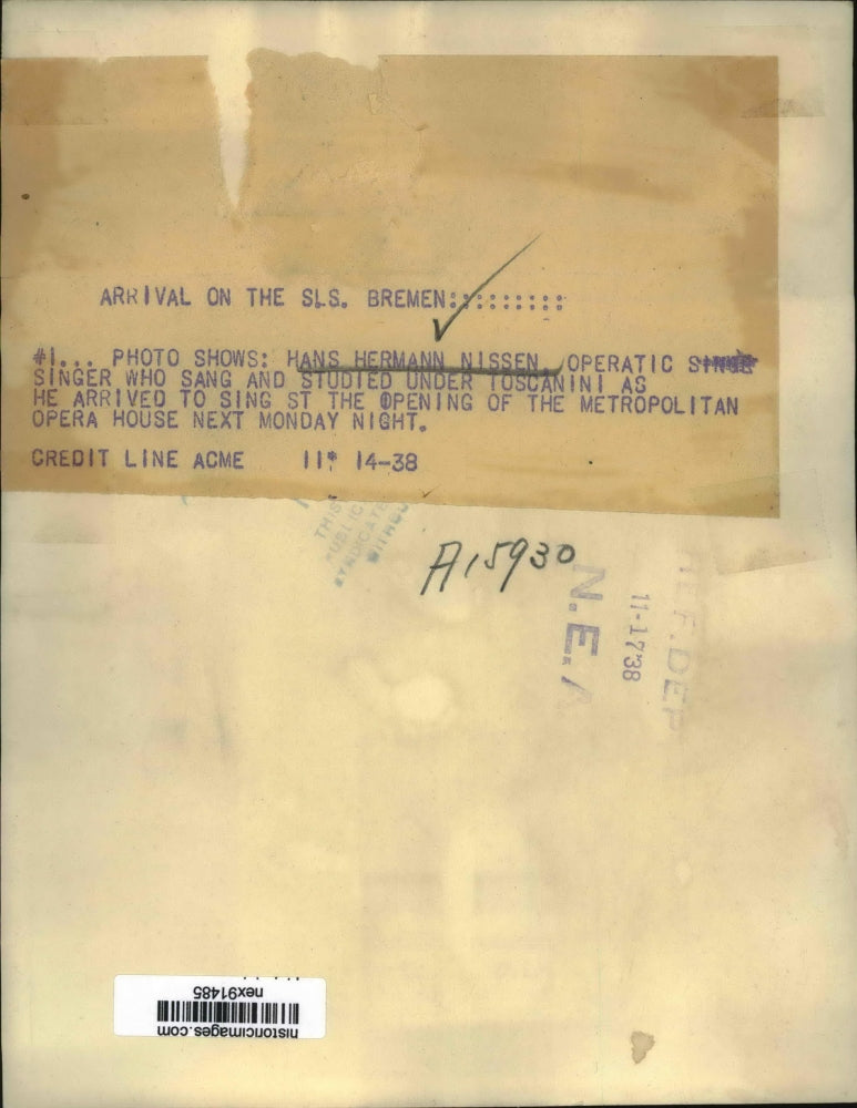 1938 Press Photo Hans Herman Nissen Opera Singer Studied Under Toscanini