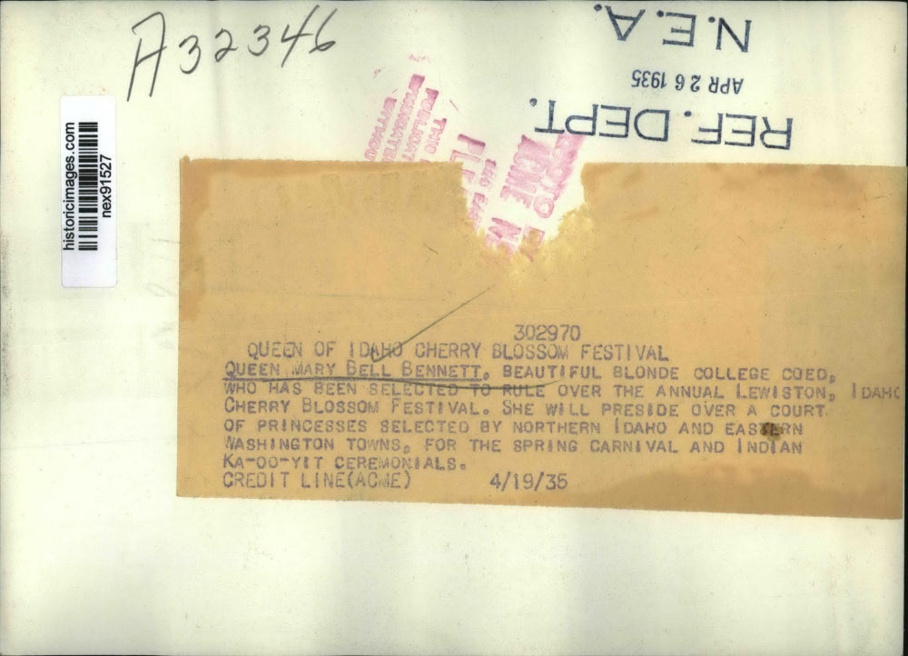 1935 Press Photo Queen of Cherry Blossom Festival Mary Bell Bennett