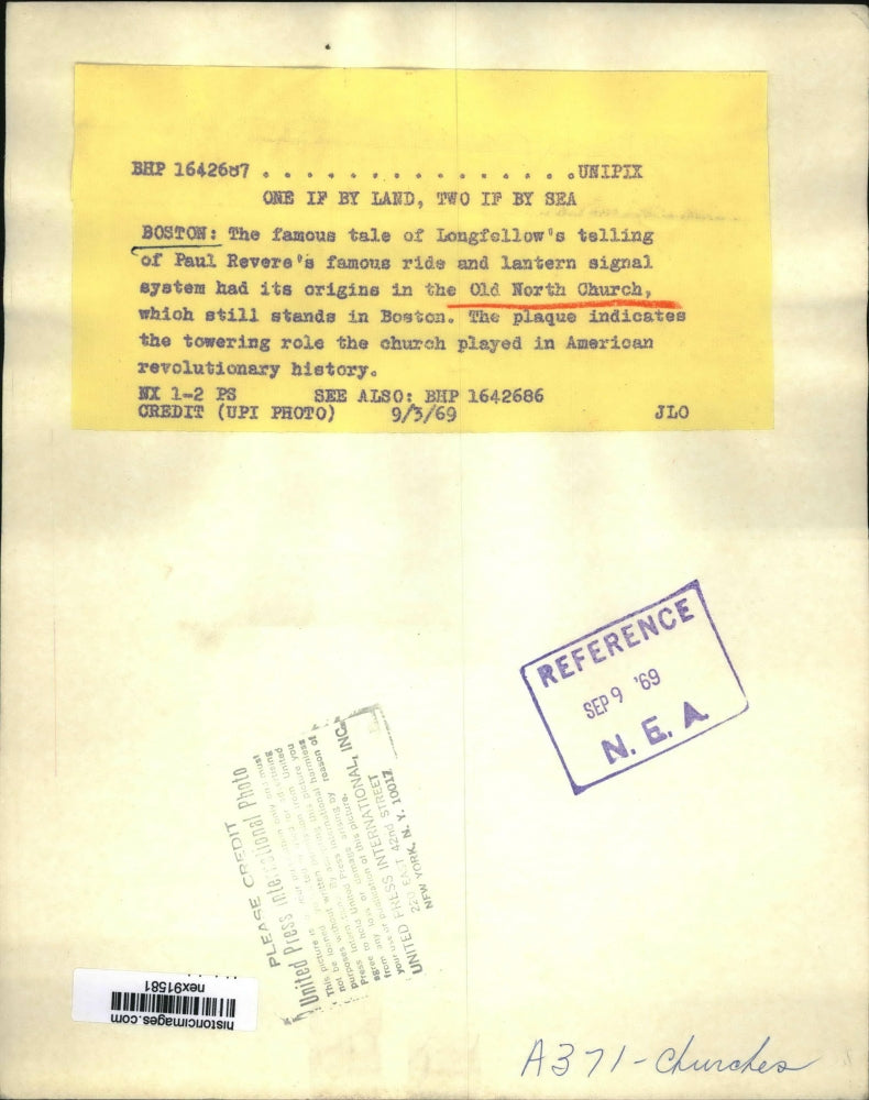 1969 Press Photo Old North Church Famous Tale of Paul Revere in Boston