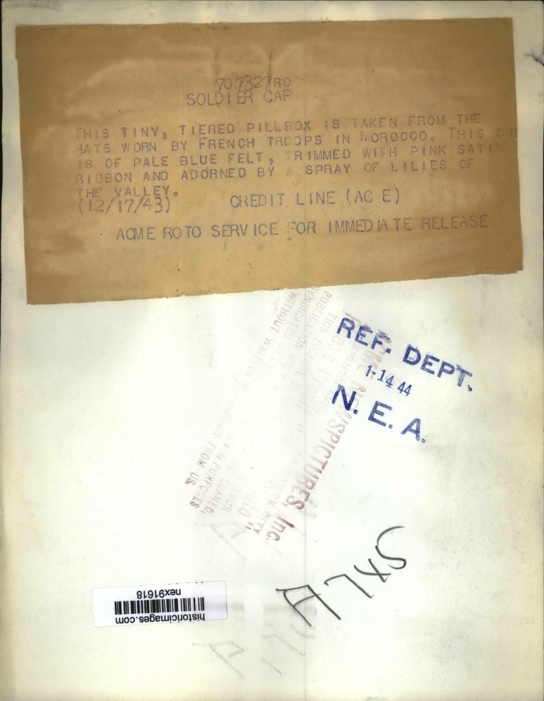 1943 Press Photo Tiered Pillbox Worn by French Troops in Morocco Pale Blue Felt