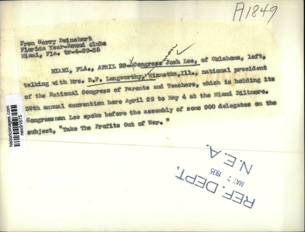 1935 Press Photo Josh Lee Mrs B Langworthy National Congress of Parents Teachers