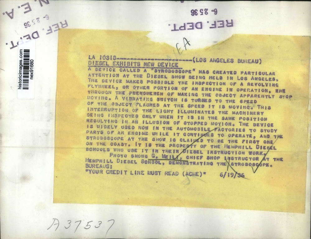 1936 Press Photo Device Called Stroboscope at Los Angeles Diesel Show