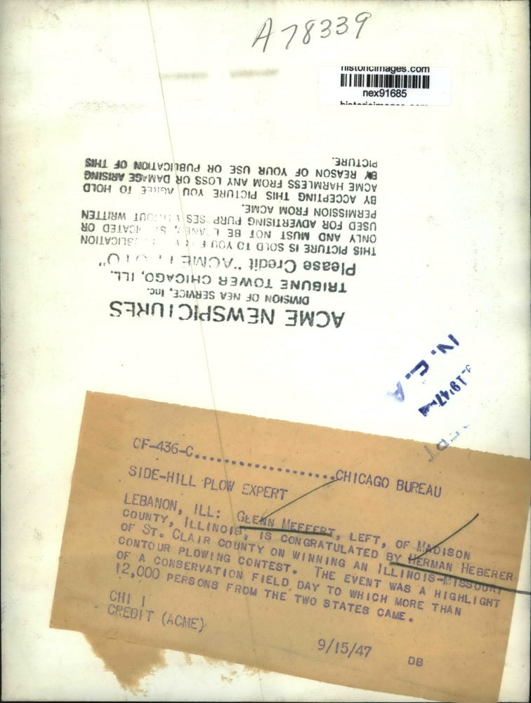 1947 Press Photo Glenn Meffert & Herman Heberer Winner Plowing Contest Illinois