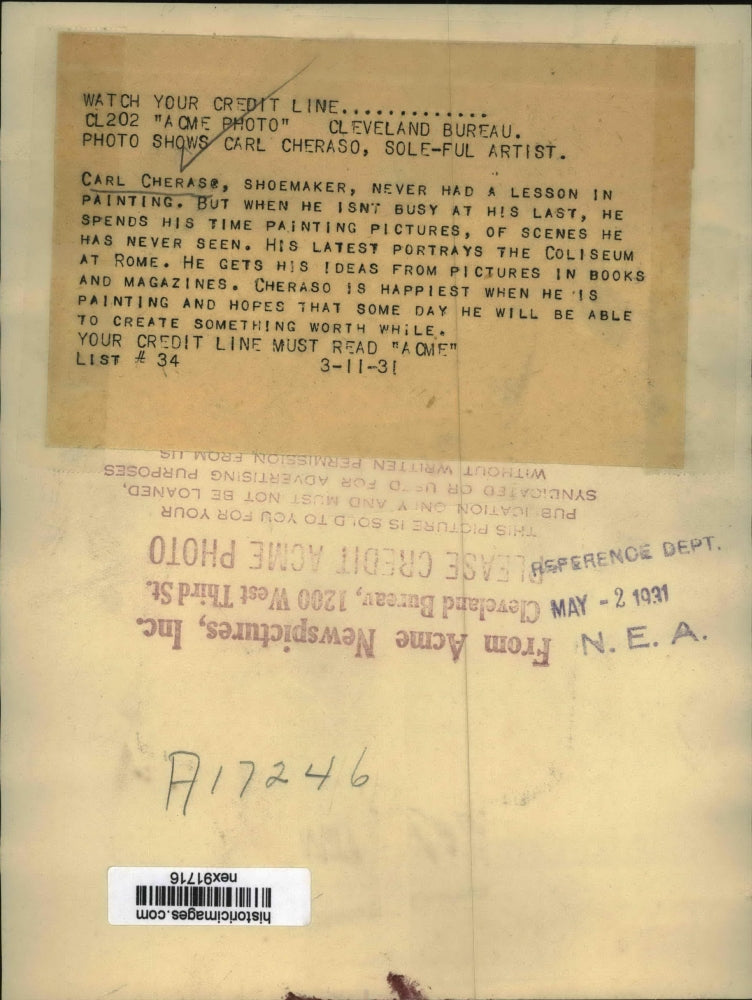 1931 Press Photo Shoemaker Carl Cheraso Paints Picture of Rome Coliseum