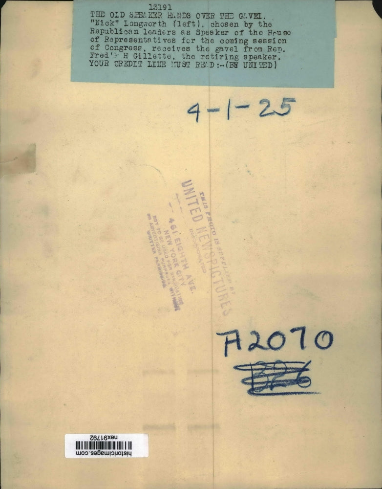 1925 Press Photo Nick Longworth Speaker House of Rep & Fred Gillette Retired