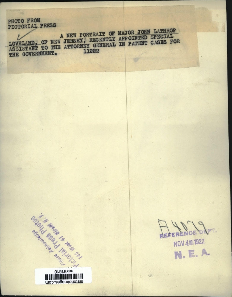 1922 Press Photo Major John Lathrop Loveland of New Jersey Asst to Atty General